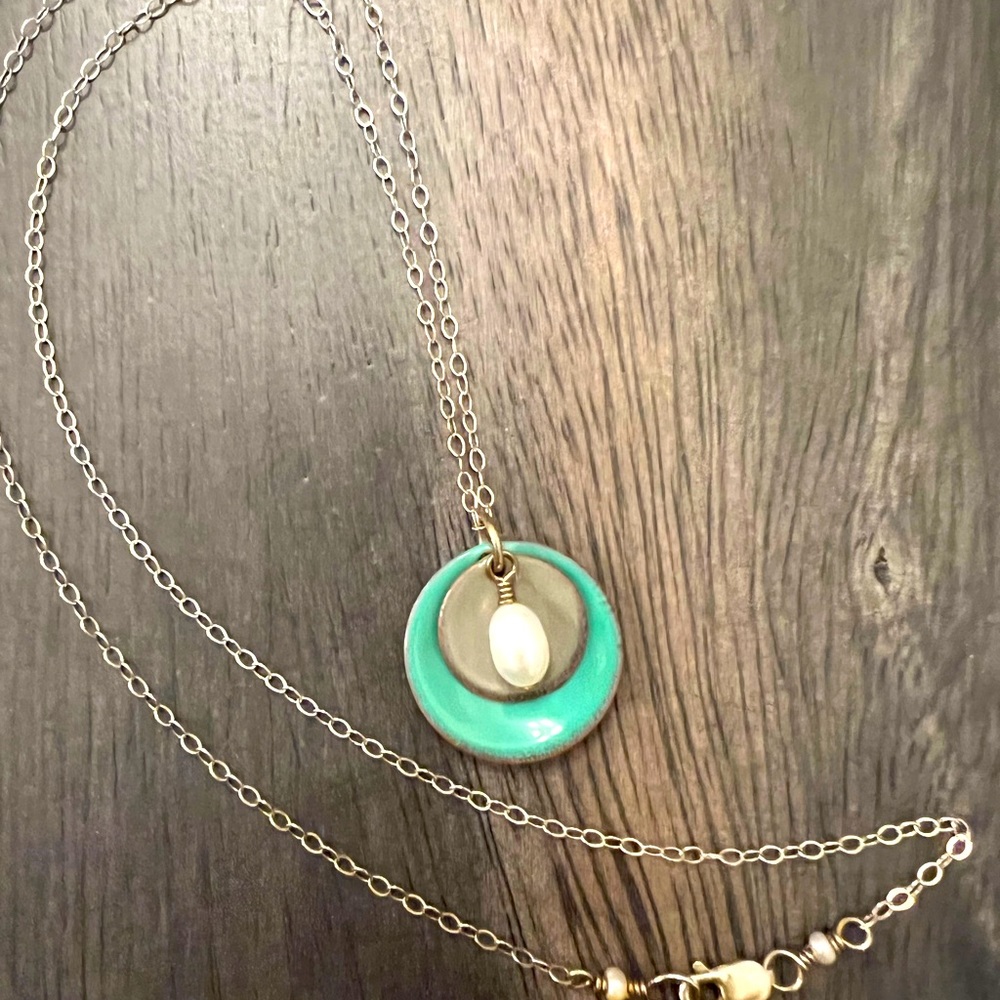 NEW Handmade Enamel Copper Disks & Freshwater Pearl Sterling Necklace - Picture 2 of 9